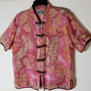 Vintage 90s Pink Mandrin Collar Frog Closure Top